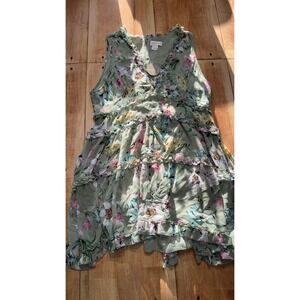 Apricot Sage Green Floral Tiered Ruffle Sleeveless Mini Dress US 10 NWT